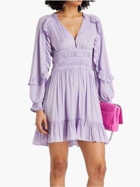 Maje Ralya Ruffled V‑Neck Smocked Waist Satin Mini Dress